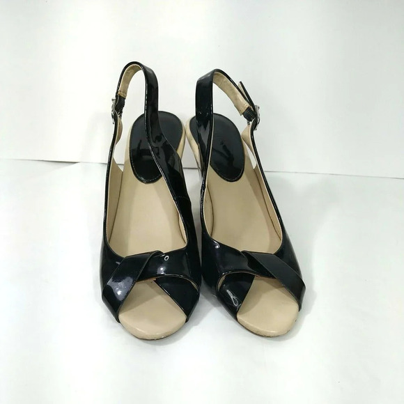 Cato Open Toe Cork Wedge Heels Slingback Women Size 9 M Black Patent Leather - Picture 3 of 11